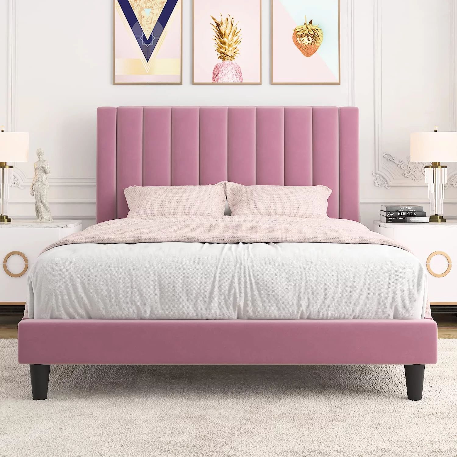 Allewie Queen Velvet Upholstered Bed Frame with Vertical Channel Tufted Headboard, Light Pink | Walmart (US)