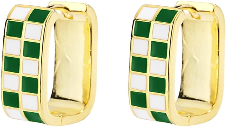 Checkered Earring For Women, Dainty Oval Checker Chunky Hoop Earrings, 18K Gold Plated Filled Ena... | Amazon (US)