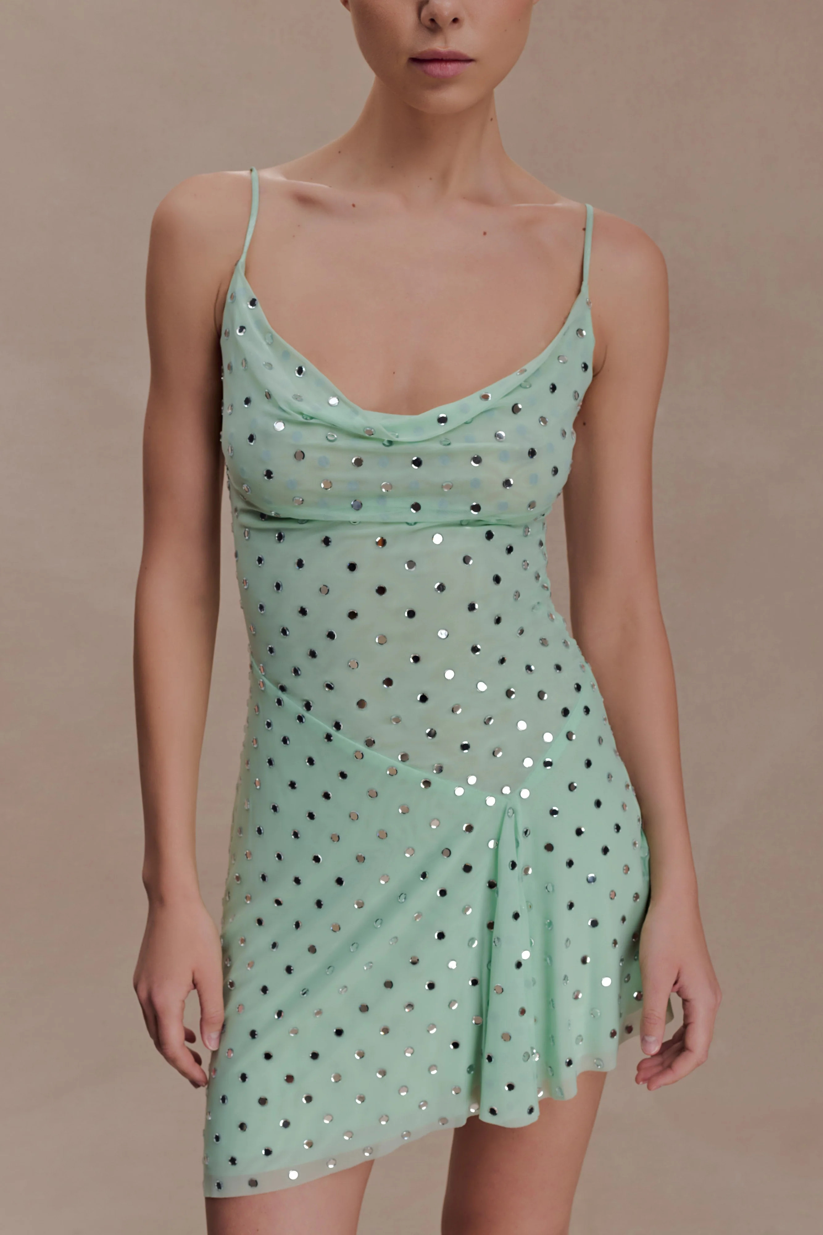 Zahra Diamante Cowl Mini Dress - Mint | MESHKI US