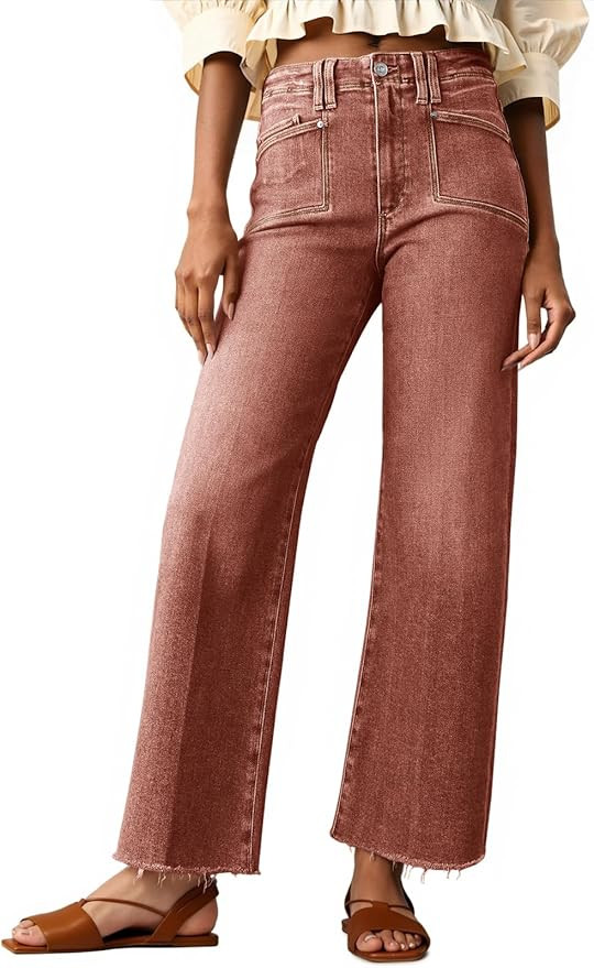 Cicy Bell Womens High Waisted Cropped Jeans Straight Leg Raw Hem Denim Pant | Amazon (US)