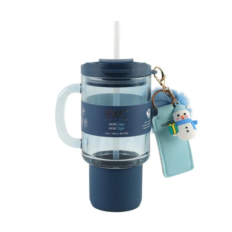 Cook With Color 24oz Glass Water Bottle Cup with Lid and Straw, Blue Snowman | Walmart (US)