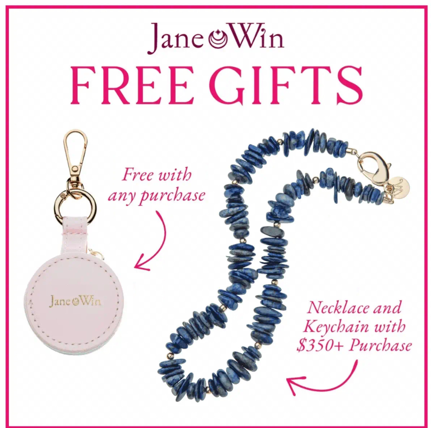 Now-4/23 Jane Win is offering FREE gifts with purchase. Every purchase comes with a keychain jewelry holder and purchases over $350 come with the key chain and a Lapis Natural Beaded Necklace.  

 #LTKMothersDay #LTKOver40 #LTKSaleAlert