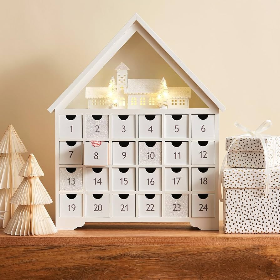 Wooden Advent Calendar with Drawers, Reusable Advent Calendar with Lights, White Christmas Villag... | Amazon (US)