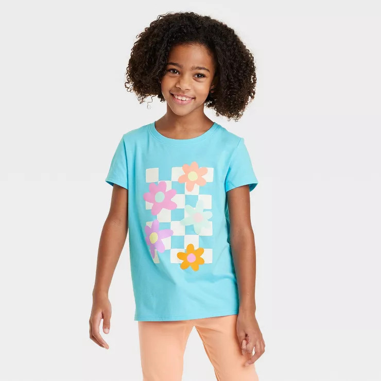 Girls' Short Sleeve 'Flower' Graphic T-Shirt - Cat & Jack™ Bright Turquoise Blue | Target