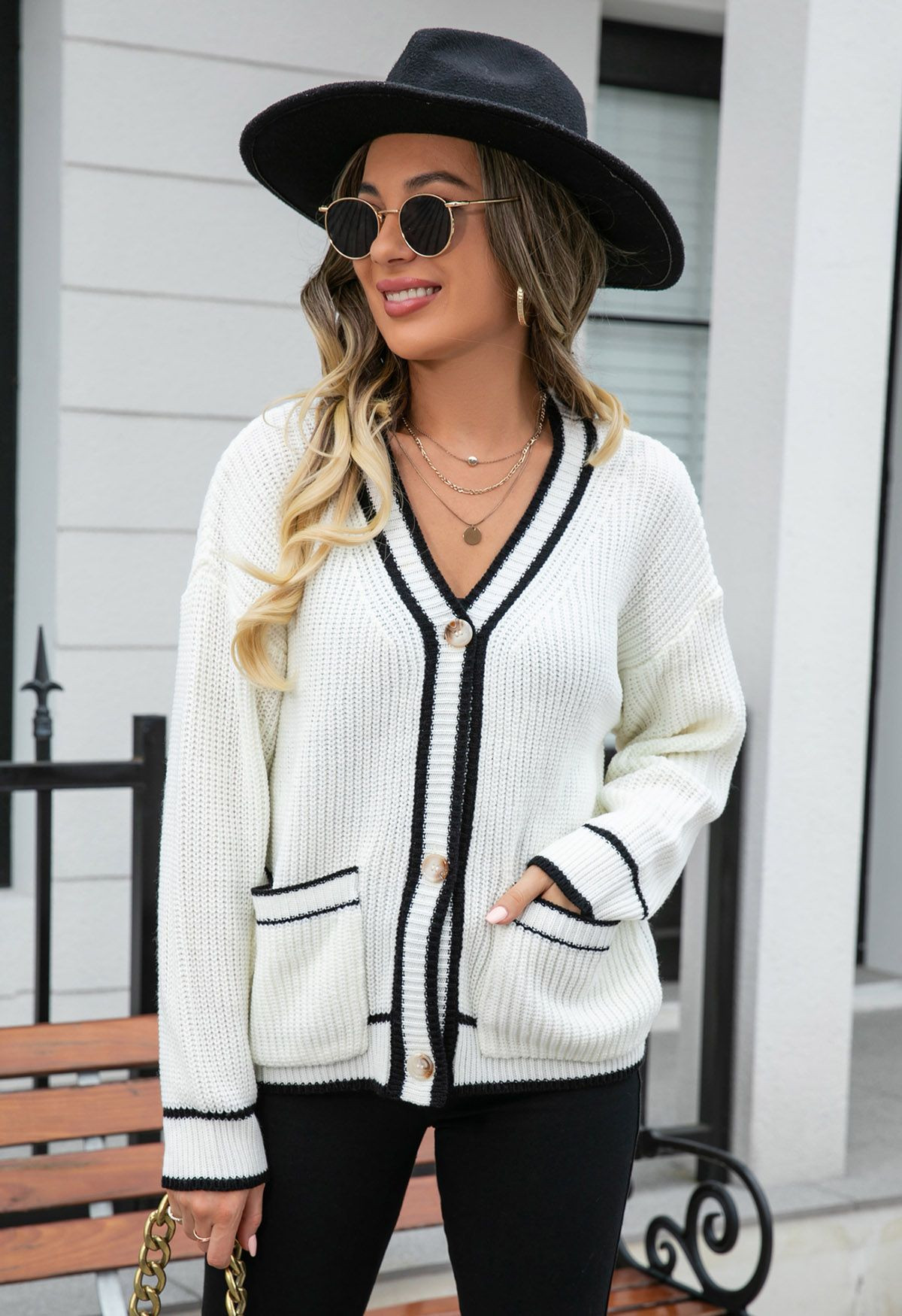 Contrast Line Patch Pocket Waffle Knit Cardigan in White | Chicwish