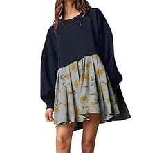 Corkifux Womens Oversized Sweatshirt Dress Fall Crewneck Sweatshirt Casual Patchwork Long Sleeve Pleated Mini Dress | Amazon (US)