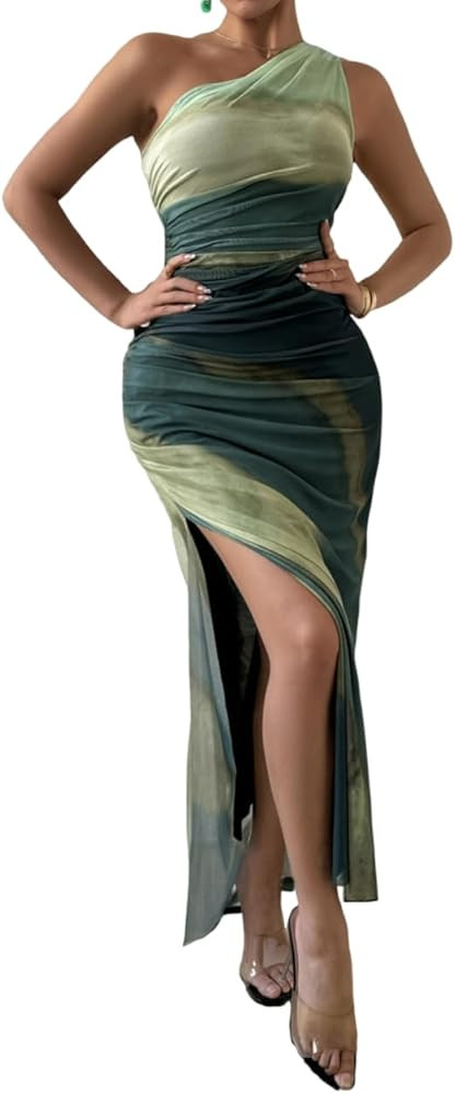 WDIRARA Women's One Shoulder Mesh Ruched Maxi Dress Tie Dye High Slit Bodycon Dresses | Amazon (US)