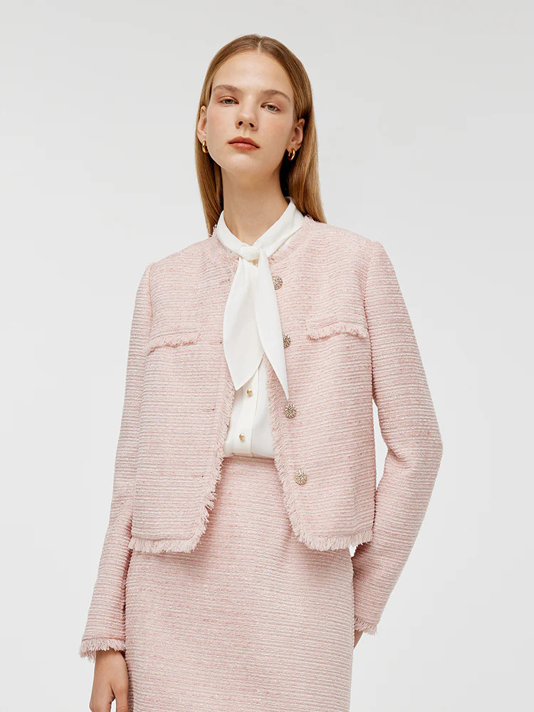 Tweed Collarless Women Crop Jacket - Pale Blush / L | GOELIA