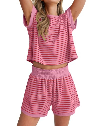 ANRABESS Womens 2 Piece Ribbed Striped Knit Pajama Set, Short Sleeve Top & Lounge Shorts, Casual ... | Amazon (US)