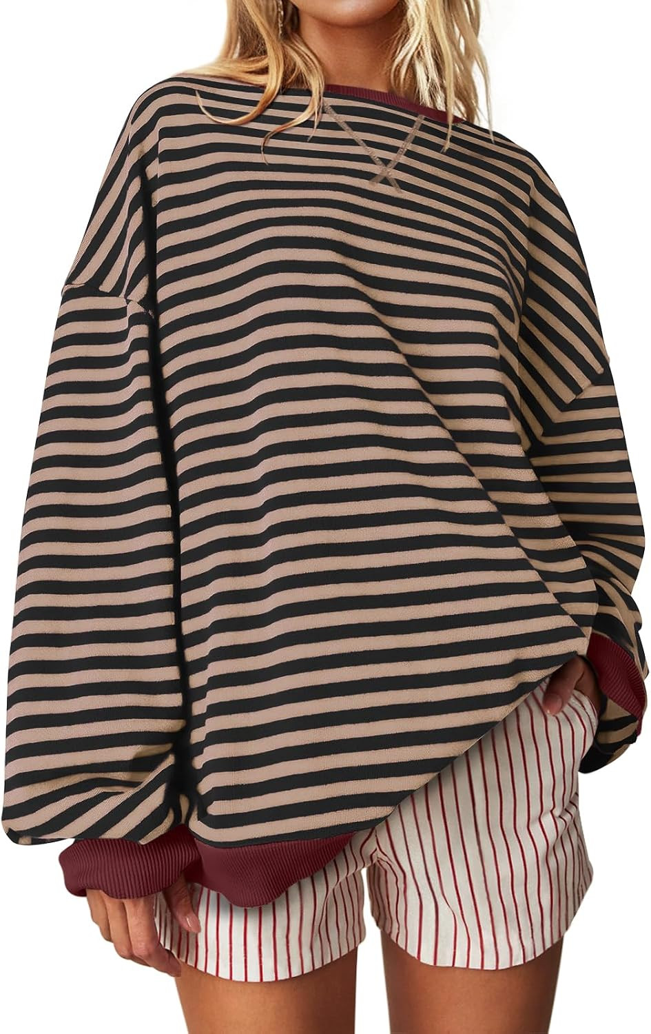 UEU Women Oversized Striped Crewneck Sweatshirt Long Sleeve Casual Pullover | Amazon (US)
