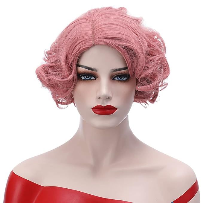 BERON Pink Wig Short Curly Wig Pink Wig for women Natural Wavy Pink Wig Dark Pink Wig Synthetic H... | Amazon (US)