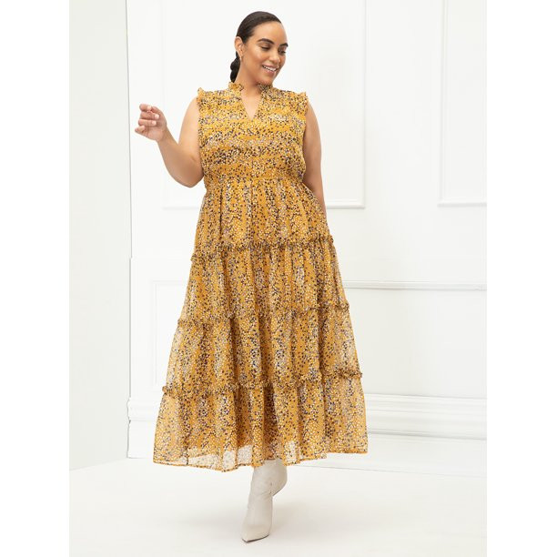 ELOQUII Elements Women's Plus Size Sleeveless Mixed Dot Print Ruffle Trim Dress | Walmart (US)