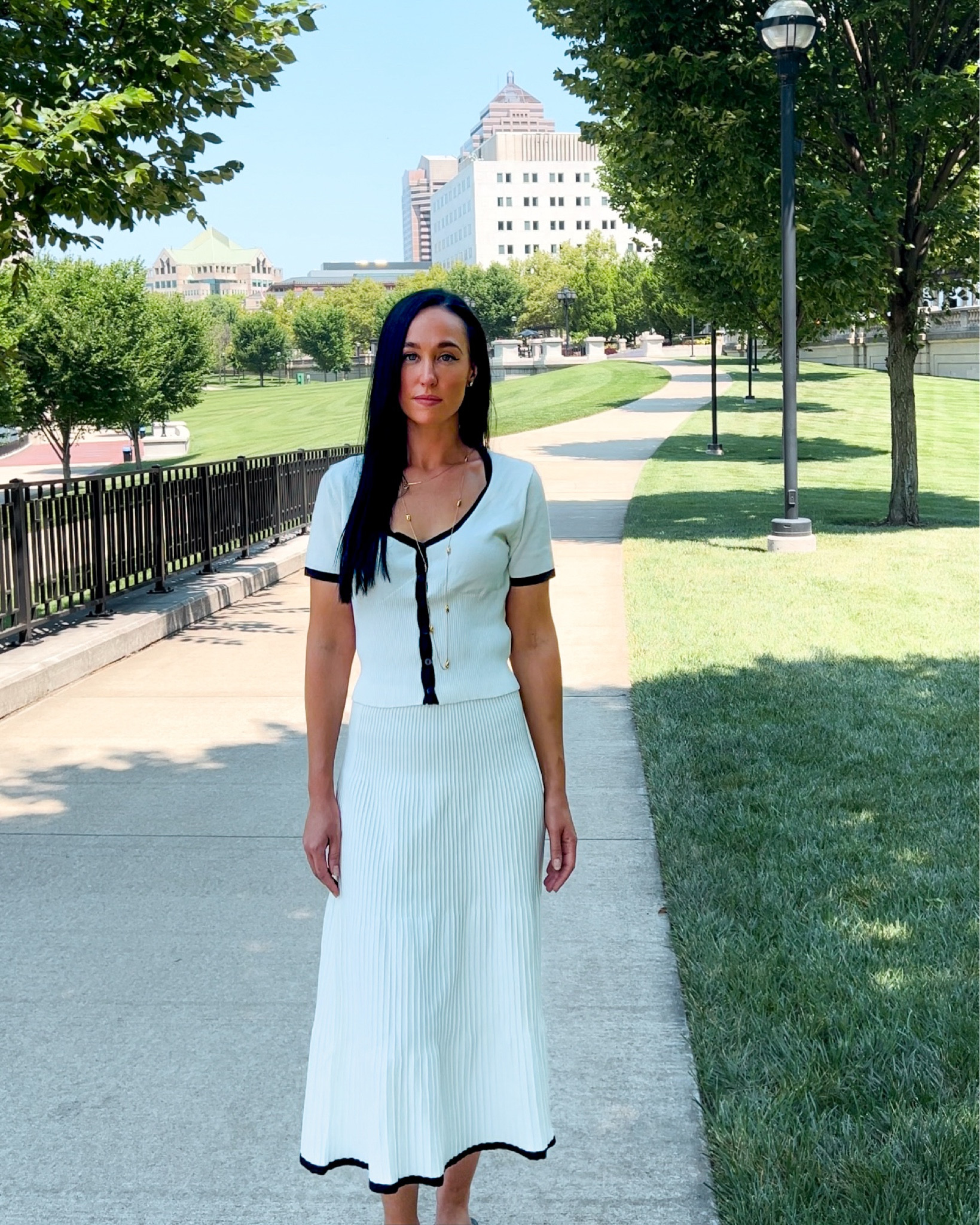 Elegant matching skirt set, white and black trim accordion skirt 

#LTKStyleTip #LTKFindsUnder100