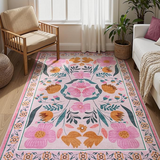 Pink Boho Area Rug for Bedroom 5x7, Soft Washable Nursery Rug Non Slip Ultra-Thin Floral Carpet f... | Amazon (US)