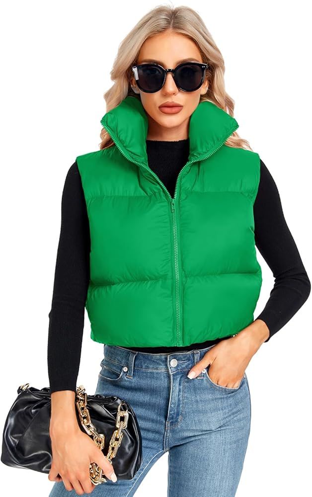 ANGGREK Women's Winter Stand Collar Crop Vest Lightweight Sleeveless Warm Zip Up Outerwear Coat P... | Amazon (US)