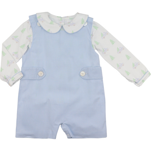 Blue Gingham Truck And Christmas Tree Short Romper Set | Cecil and Lou