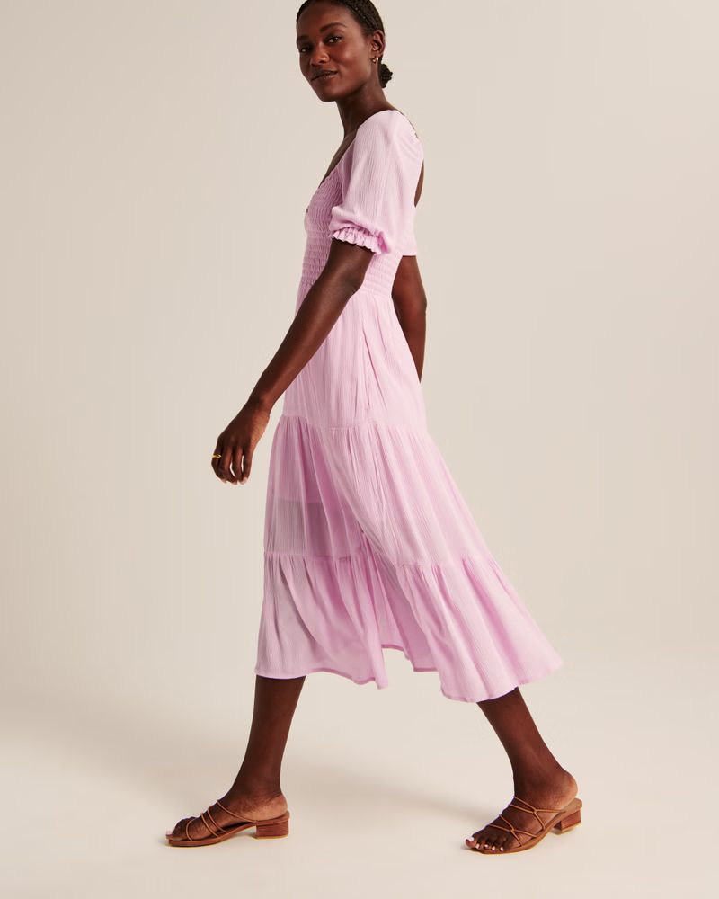 Women's Short-Sleeve Smocked Midi Dress | Women's New Arrivals | Abercrombie.com | Abercrombie & Fitch (US)