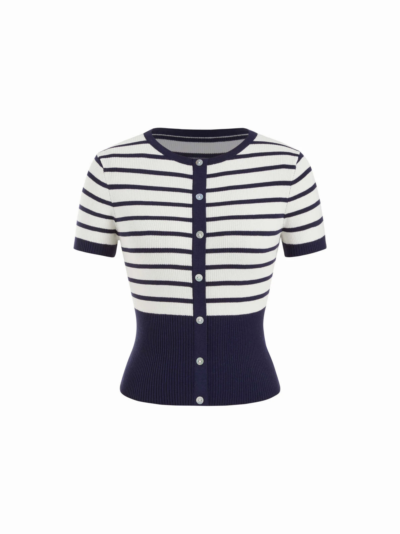 Tejido de punto Cárdigan de manga corta de punto rayado, de alta elasticidad y botones de perla ... | Cider