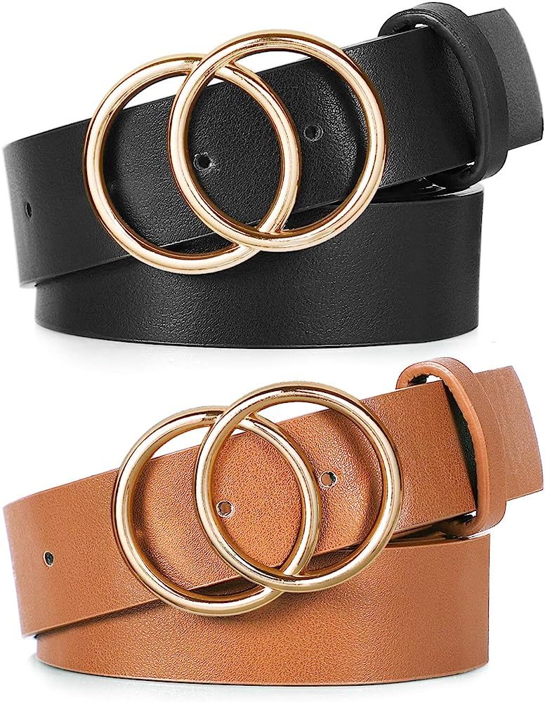 2 Pack Double Ring Belt for Women, Faux Leather Jeans Belts with Golden Circle Buckle | Amazon (US)