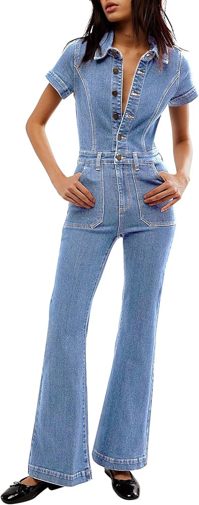 Qazel Vorrlon Denim Jumpsuit for Women Flare Wide Leg Blue Jean Jumper Short Sleeve Button Stretc... | Amazon (US)