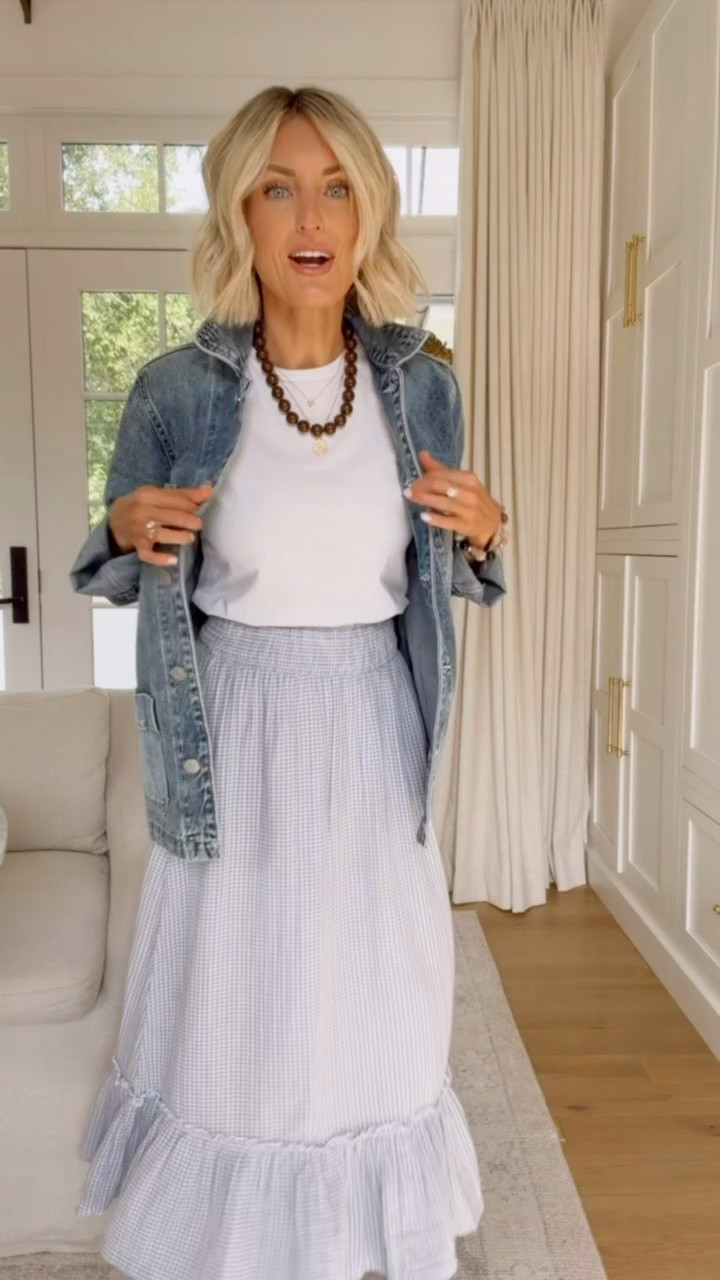 Love a classic blue and white moment! Quince has the best closet staples. Such great finds at a great price! Wearing XS in top and XS in jacket and skirt. 

Loverly grey, teacher outfit ideas, women’s fashion, blue and white outfit, blue white gingham skirt outfit, denim jacket how to style, white tee, workwear capsule wardrobe women 

 #LTKSeasonal #LTKWorkwear