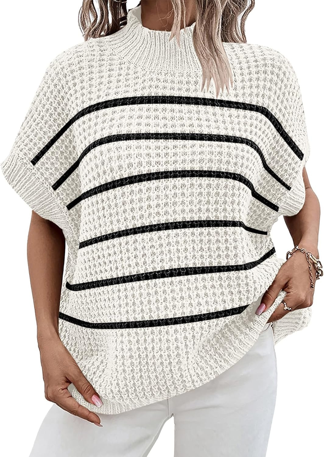 ANRABESS Women's Oversized Short Batwing Sleeve Mock Neck Sweater Vest 2024 Summer Sleeveless Swe... | Amazon (US)