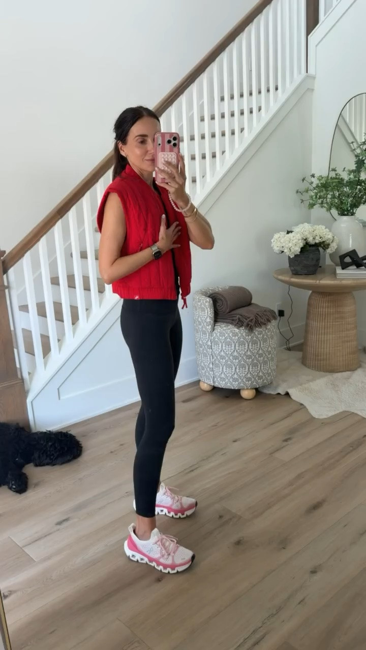 A sporty early fall outfit with a red quilted vest, black leggings, and pink running shoes. I'm in size S.

red quilted vest, black leggings, pink running shoes, early fall athleisure, casual activewear outfit, Target activewear, sporty outfit, workout look, athleisure style, transitional outfit

#LTKootd #LTKSeasonal #LTKActive
