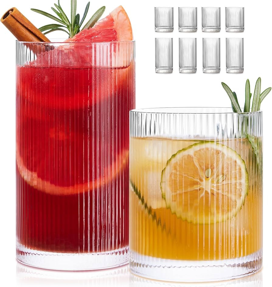 LUNA & MANTHA Ribbed Glasses Drinking Set of 8-17oz Large Capacity Highball Glasses, 12oz Rocks G... | Amazon (US)