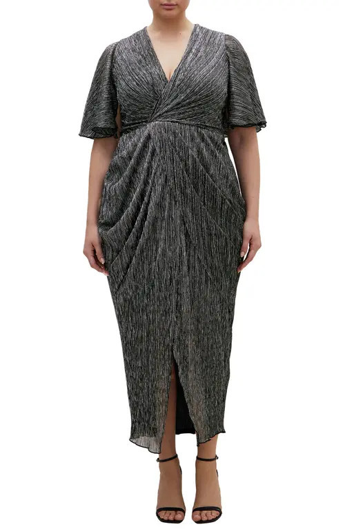 City Chic Lily Metallic Ruched Dress in Black at Nordstrom | Nordstrom