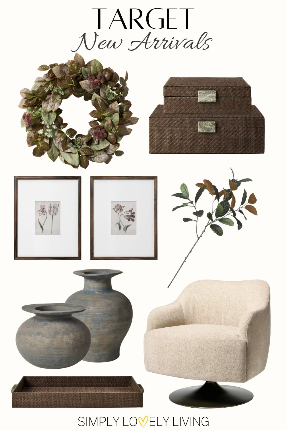 New Arrivals at Target from Threshold with Studio McGee! Decorative boxes. Fall wreath. Wall art set. Magnolia stem. Aged vase look. Upholstered swivel chair. Decorative tray. #falldecor #Target

#LTKHome #LTKSeasonal