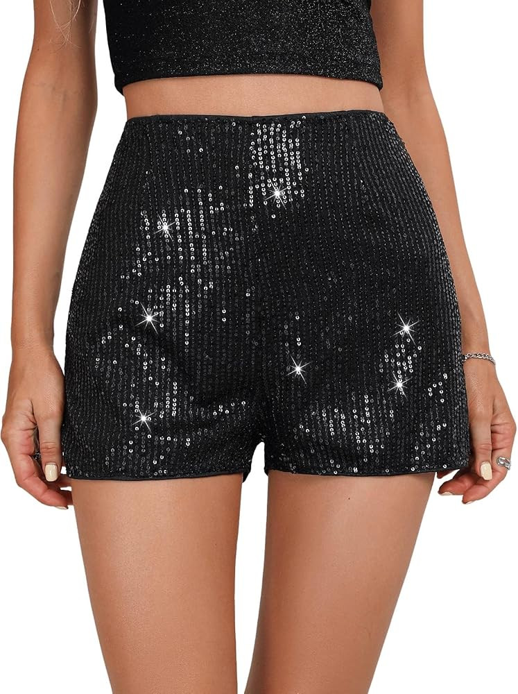 SweatyRocks Women's Sequins High Elastic Waist Straight Leg Shorts Solid Glitter Party Shorts | Amazon (US)