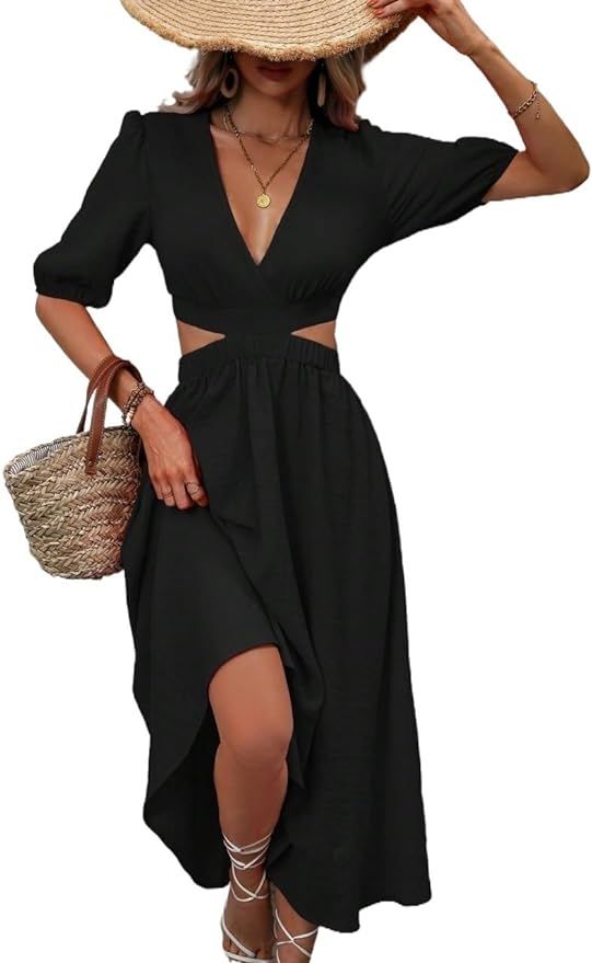 Summer Women's Dress Plunging Neck Cutout Waist Puff Sleeve Long Dress Half Sleeve A-Line Casual | Amazon (US)