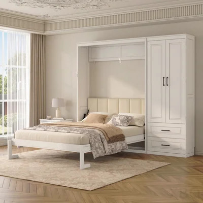 Queen Size Murphy Bed With Storage Wardrobe And Drawers,Upholstered Headboard,White | Wayfair North America