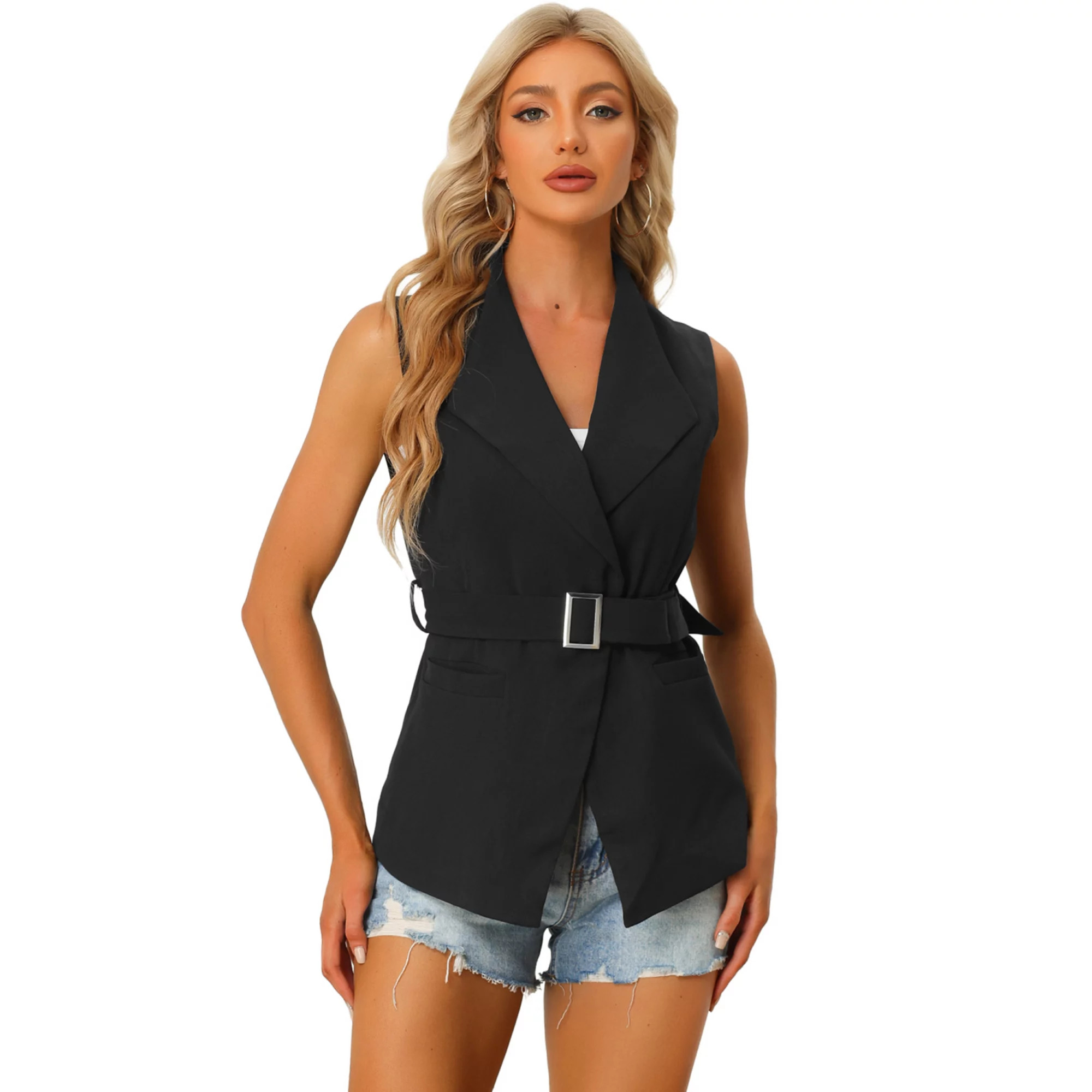 Women's Shawl Collar Open Front Belted Sleeveless Blazer Vest | Kohl's