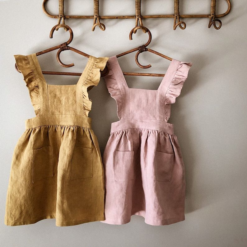 100% Linen Girls Pinafore Pinny Dress Mustard and Dusty Pink for Toddler/Children/Kids in Size 1-... | Etsy (US)
