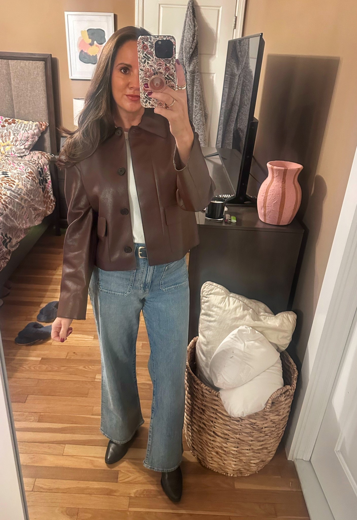 Office #OOTD - finally wearing this faux leather cropped jacket from Mango. It’s kinda brown, kinda burgundy? Also wearing these J Crew jeans that I have had on repeat since I got them. 👖 

#LTKootd #LTKWorkwear #LTKOver40