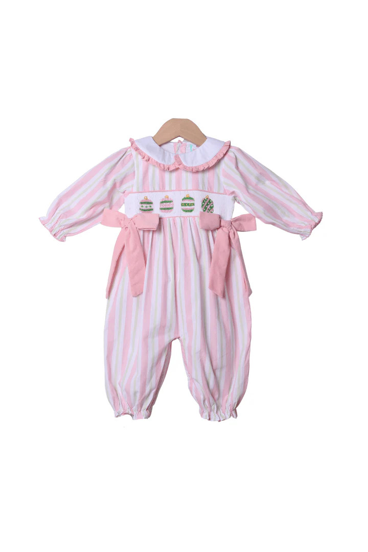 Smocked Christmas Ornaments Pink and Green Stripe Romper | The Smocked Flamingo