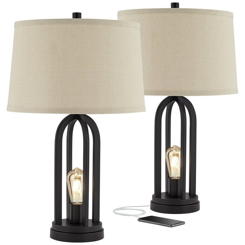 360 Lighting Modern Industrial Black Table Lamps 24.25" High Set of 2 with Nightlight LED USB Por... | Target