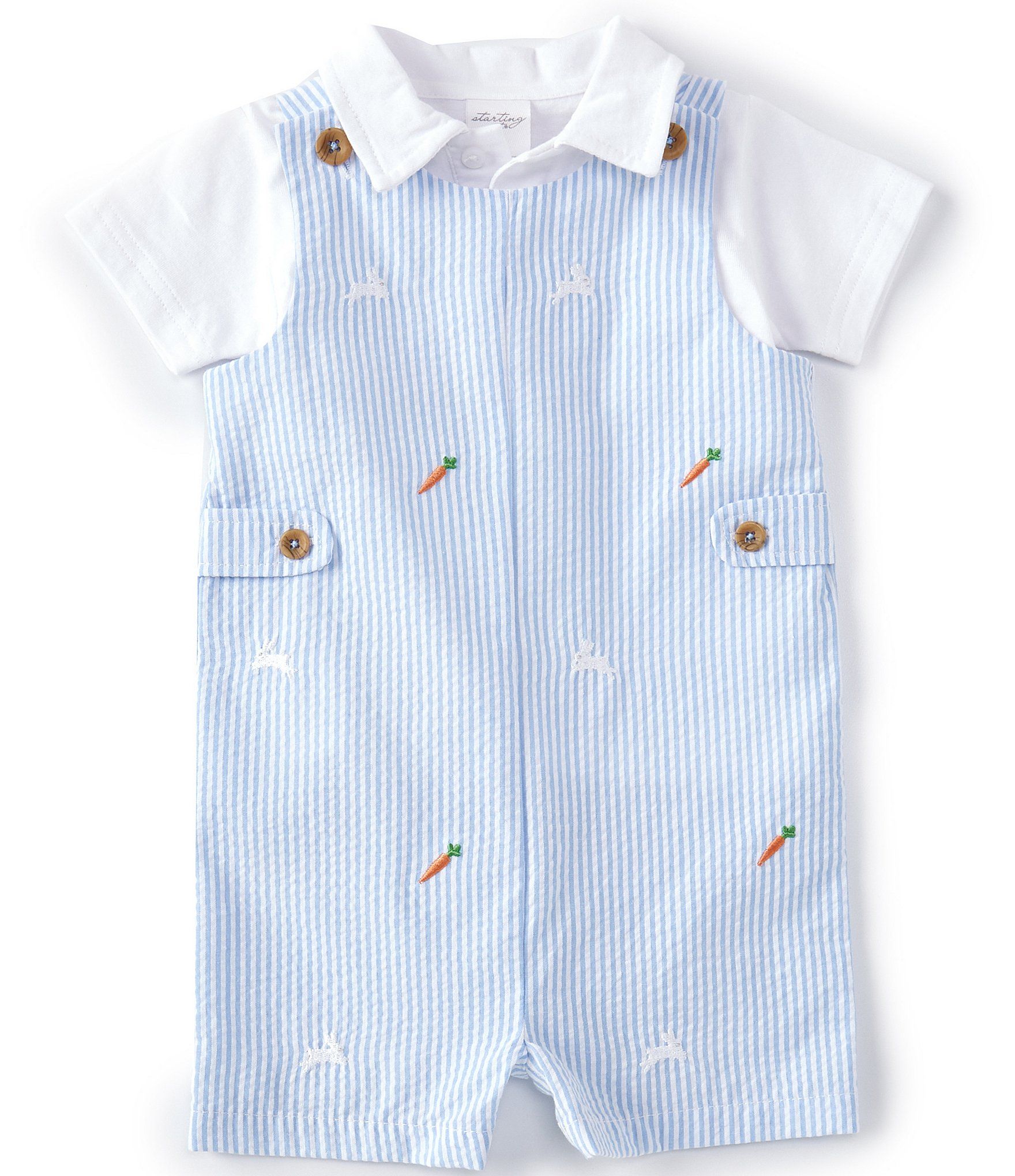 Baby Boys Newborn-24 Months Seersucker Bunny/Carrot Embroidered Shortall & Polo Shirt 2-Piece Set | Dillard's