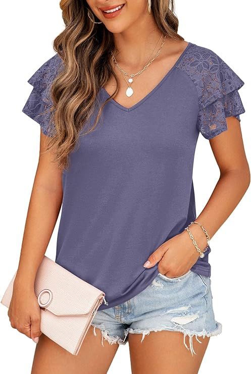 Summer Tops Double Lace Sleeve Shirts for Women V Neck Loose Casual Tee Tunics | Amazon (US)