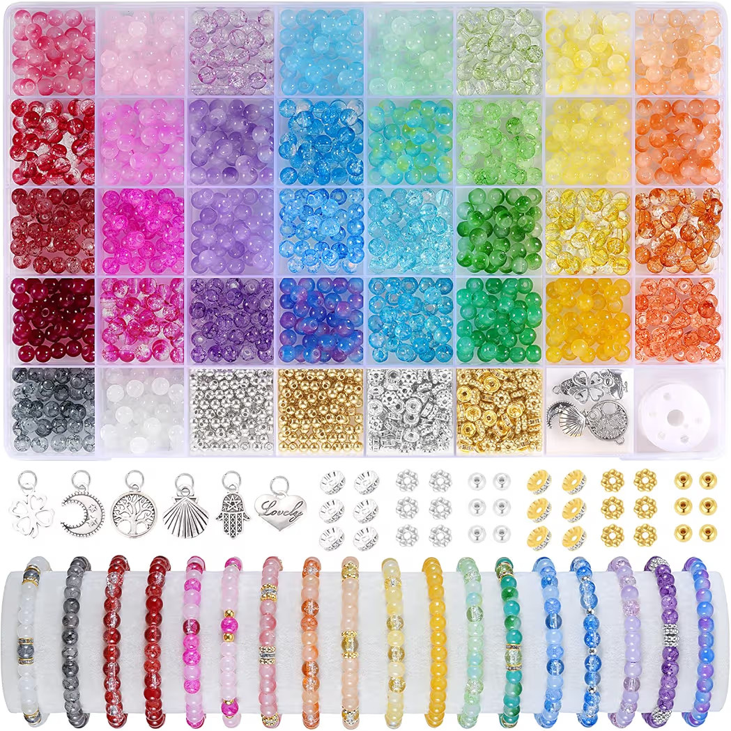 Funtopia Glass Beads for Bracelets 6mm, 1396pcs Bracelet Making Kit 34 Colors Glass Beads for Jew... | Amazon (US)