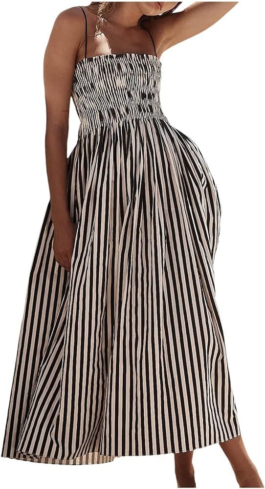 Women's Striped Back Smocked Maxi Dress Sexy Spaghetti Strap Cut Out Flowy Swing Long Dress Strip... | Amazon (US)