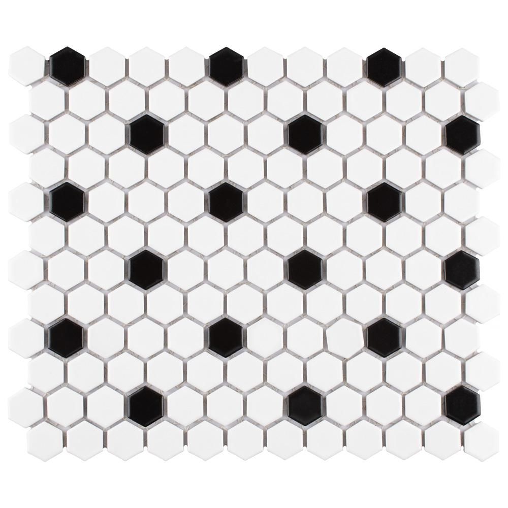 Merola Tile Madison Hex Matte 11-7/8 in. x 10-1/4 in. x 6mm Cool White with Black Dot Porcelain Mosa | The Home Depot