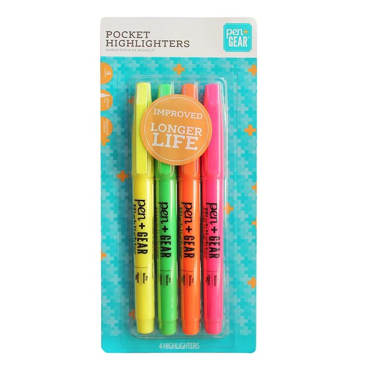 Pen+Gear Pocket Highlighter, Chisel Tip, Translucent Assorted, 4 Count - Walmart.com | Walmart (US)