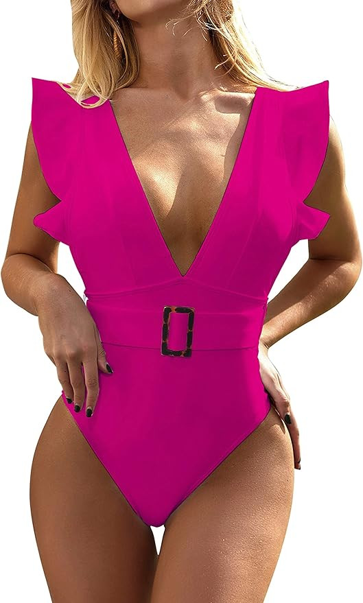 tengweng Women's One Piece Swimsuit Sexy Solid V-Neck Ruffle Bathing Suit Padded Monokini Backles... | Amazon (US)