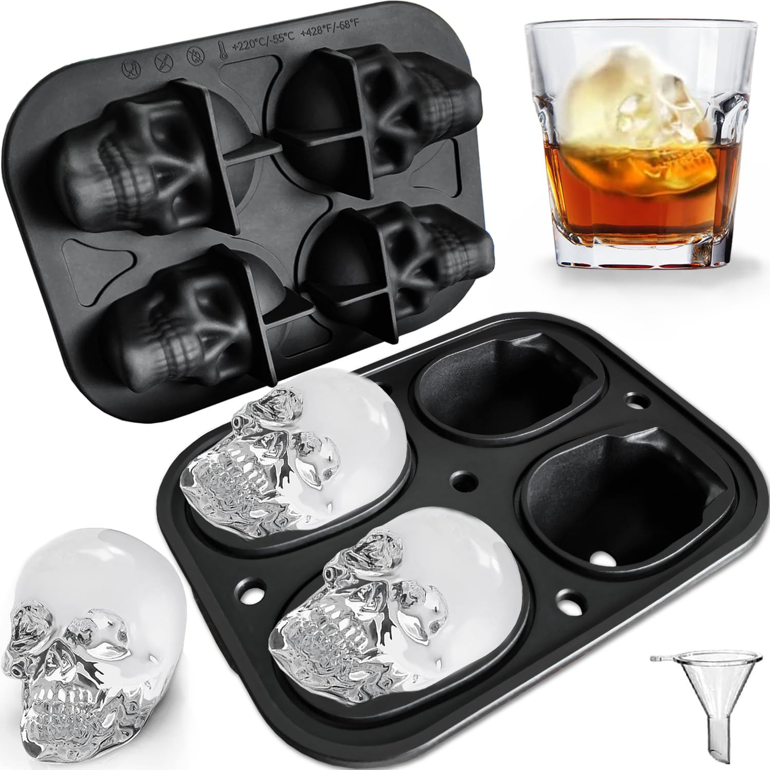 JETKONG Large Skull Ice Mold 4 Cavity Silicone Skull Ice Maker Skull Ice Cube Tray for Whiskey, B... | Amazon (US)