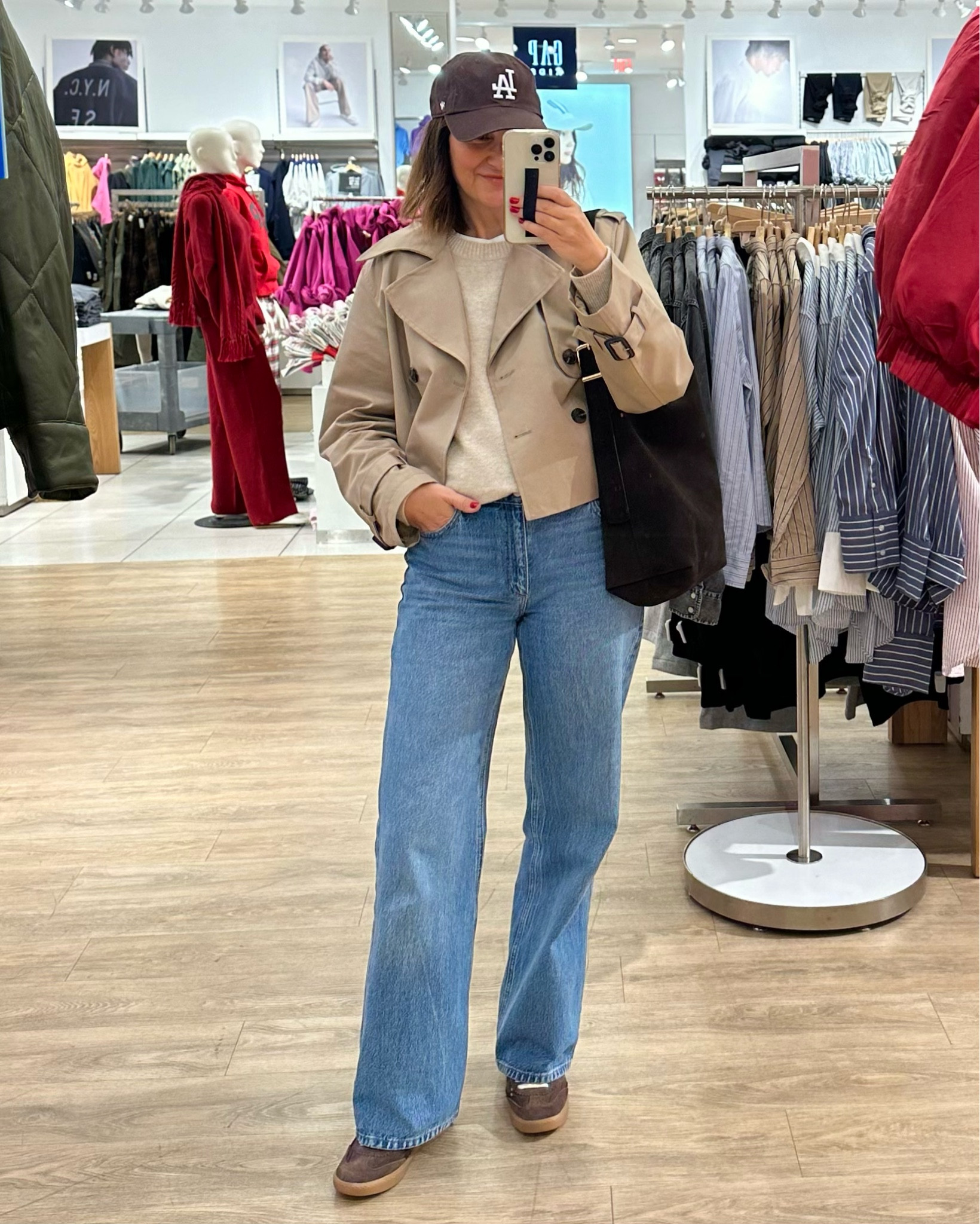 Brown and beige shipping fit! 
Wearing my usual size S in the sweater and cropped trench and 27 in the wide leg jeans. Sneakers also fit tts.
Suede bag and cap also linked 


#LTKShoeCrush #LTKStyleTip #LTKItBag