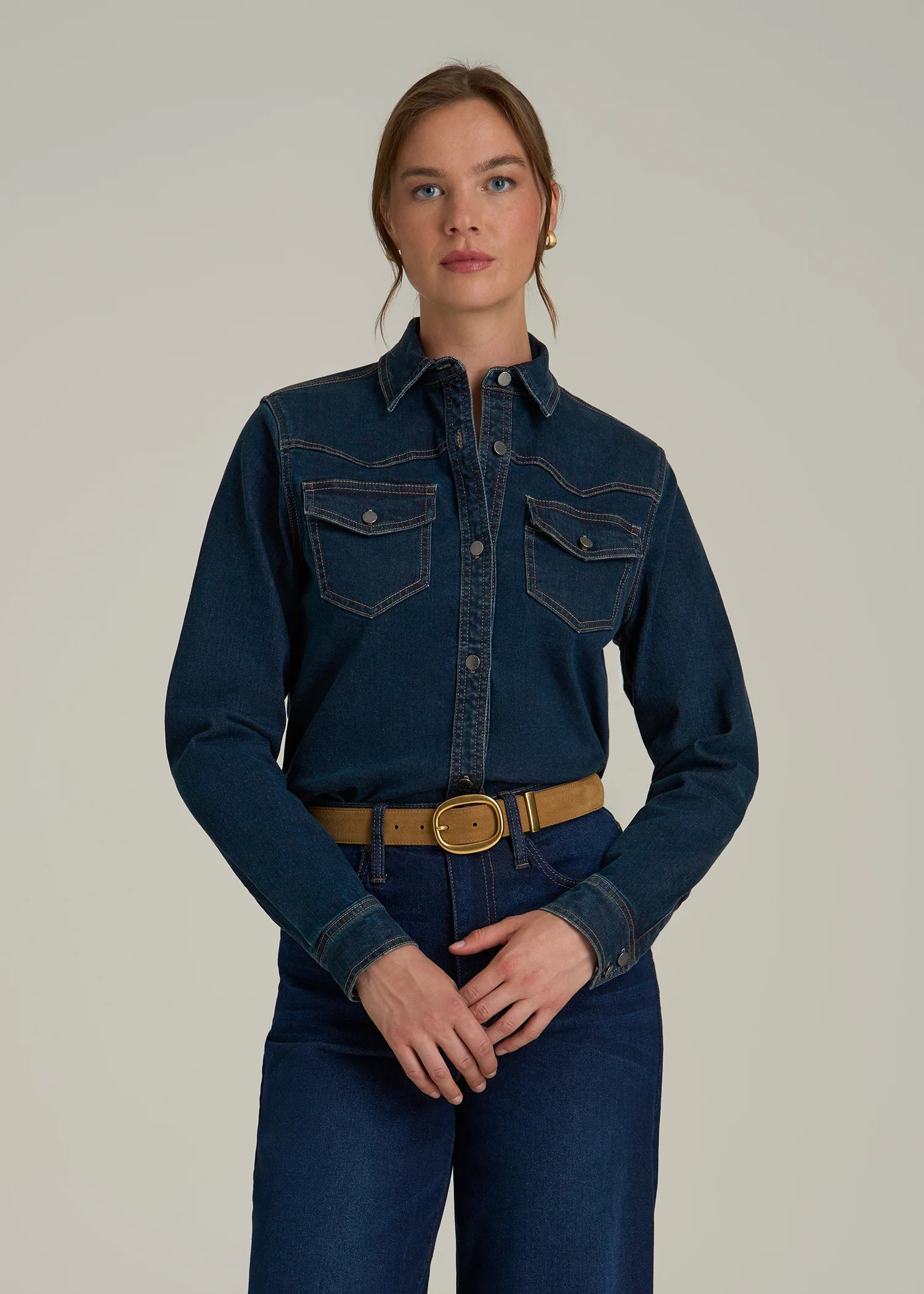 Western Denim Shirt for Tall Women in Indigo Dusk | American Tall