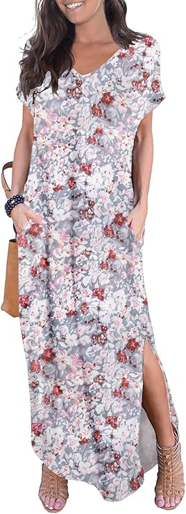 GRECERELLE Women's Maxi Dress Summer Casual Loose Side Split Short Sleeve V Neck Floral Long Dres... | Amazon (US)