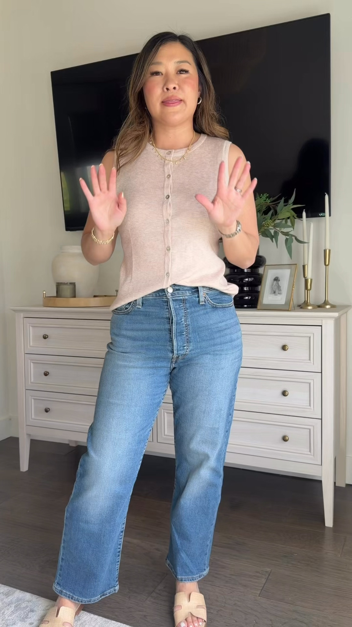 Amazon Fashion
Top: Medium
Jeans: 29 (could do 28)
Jacket: Medium
